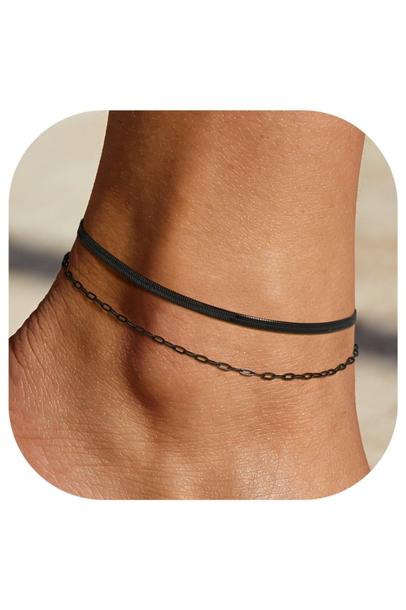 Waterproof Ankle Bracelets for Women, Black Anklets Stainless Steel Layered Summer Foot Chain Birthday Mothers Day Jewelry Gifts Mom Wife Her Adults Age Ideas