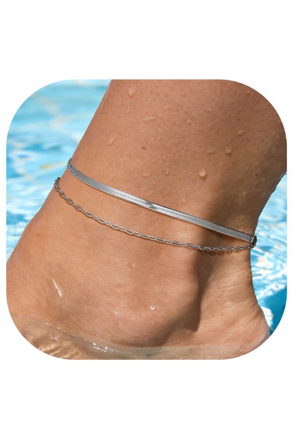 Waterproof Ankle Bracelets for Women, Silver Anklets Stainless Steel Layered Summer Foot Chain Birthday Mothers Day Jewelry Gifts Mom Wife Her Adults Age Ideas