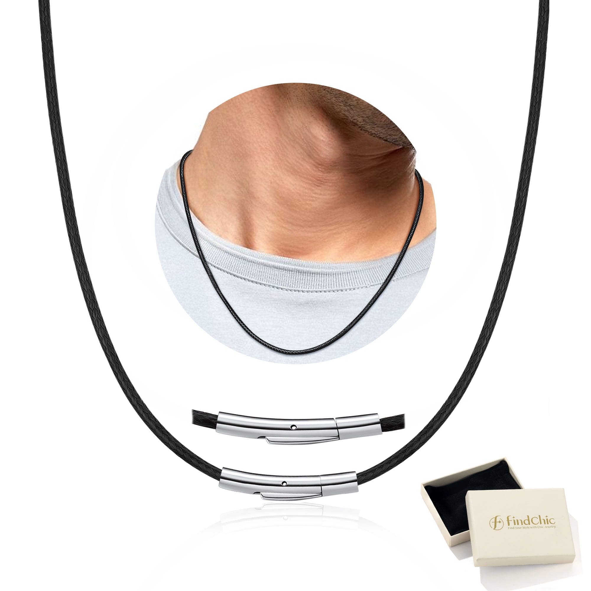 FindChic Black Waterproof Braid Leather Cord Necklace for Men, 2mm/3mm Width 16-30 inch Stainless Steel Chain Necklace Waxed Rope Chain to Match Pendant for Dad Husband, with Gift Box
