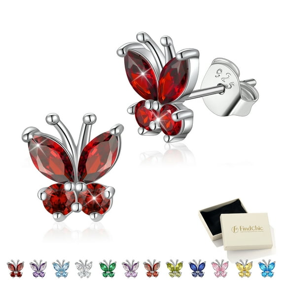 FindChic Butterfly Stud Earrings for Women Sterling Silver Earring Synthetic Garnet Birthstone Jewelry for Birthday Christmas