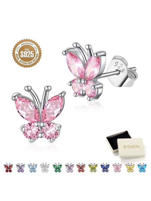 Butterfly Stud Earrings for Women, 925 Sterling Silver Birthstone Earrings, Synthetic Pink Tourmaline Jewelry Gifts for Birthday Christmas Mom Wife Stocking Stuffers Adult Age