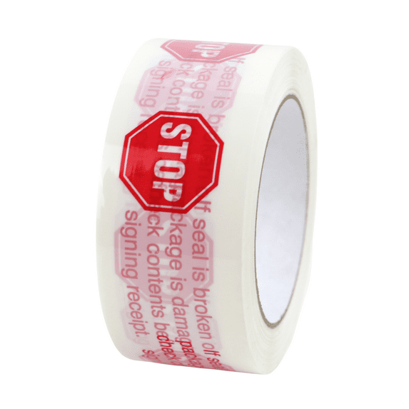 FindTape Printed Carton Sealing Tape (BOPP-LEG): 2 in. (48mm actual) x 110 yds. (White with Red "STOP - If Seal Is Broken" printing)