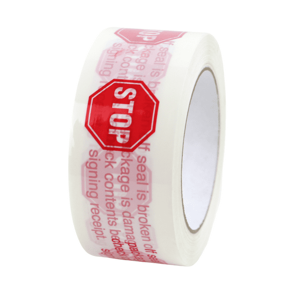 FindTape Printed Carton Sealing Tape (BOPP-LEG): 2 in. (48mm actual) x 110 yds. (White with Red "STOP - If Seal Is Broken" printing)
