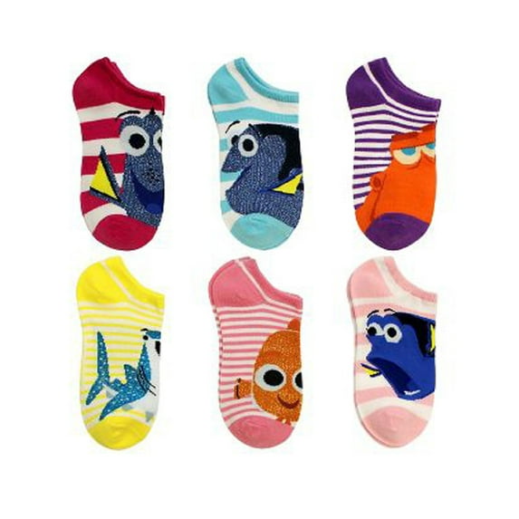Finding Dory Big Girls' 6pk Assorted Striped No Show Socks Shoe Size 3-10
