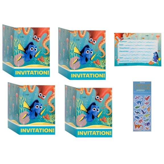 Finding Dory Birthday Baby Party Supplies Bundle includes 16 Party Invitations and Envelopes and 1 Dinosaur Sticker Sheet