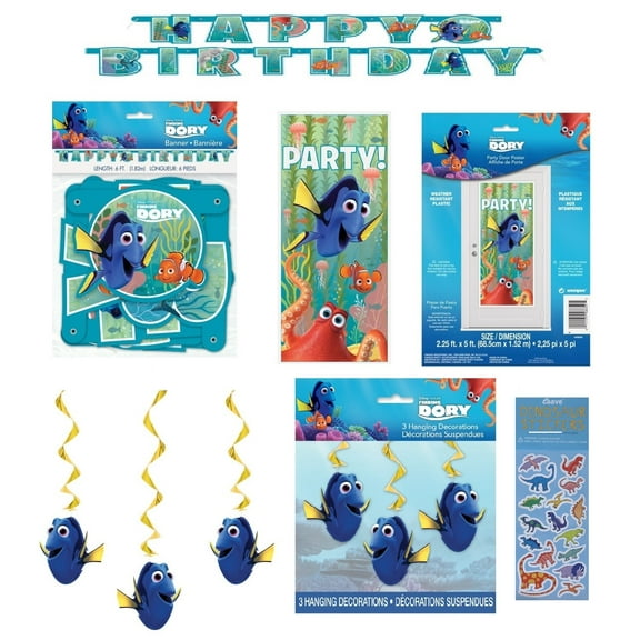 Finding Dory Birthday Party Supplies Bundle includes 1 Happy Birthday Banner, 1 Plastic Door Poster, 3 Hanging Swirl Decorations, 1 Dinosaur Sticker Sheet