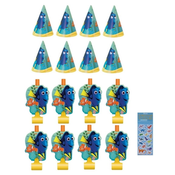 Finding Dory Nemo Birthday Party Supplies Bundle includes 8 Party Cone Hats, 8 Party Blowouts, 1 Dinosaur Sticker Sheet