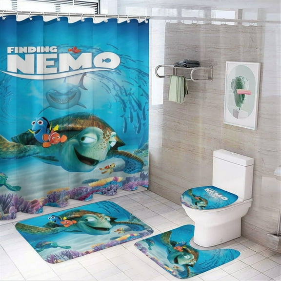 Finding Nemo 4 Piece Shower Curtain Set with Non-Slip Rugs, Toilet Lid Cover and Bath Mat, Cartoon Bathroom Decor Waterproof Shower Curtain with 12 Hooks, 72 x 72inch