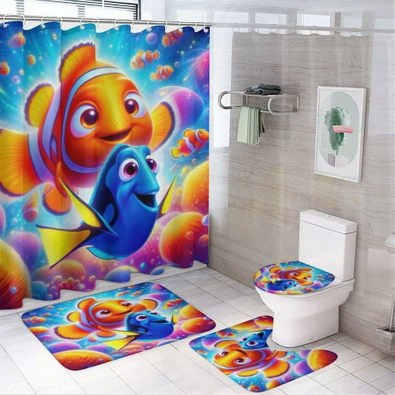 Finding Nemo 4 Piece Shower Curtain Set with Non-Slip Rugs, Toilet Lid Cover and Bath Mat, Cartoon Bathroom Decor Waterproof Shower Curtain with 12 Hooks, 72 x 72inch