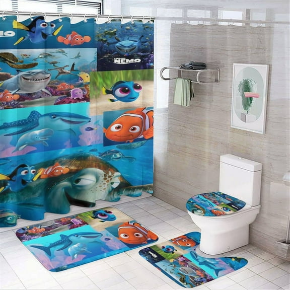 Finding Nemo 4 Piece Shower Curtain Set with Non-Slip Rugs, Toilet Lid Cover and Bath Mat, Cartoon Bathroom Decor Waterproof Shower Curtain with 12 Hooks, 72 x 72inch