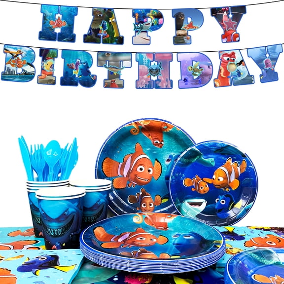 Finding Nemo Birthday Party Decoration Tableware Set - Finding Nemo Tablecloth Banner Plates Napkins Cups for Finding Nemo Birthday Party Supplies,Serves 16