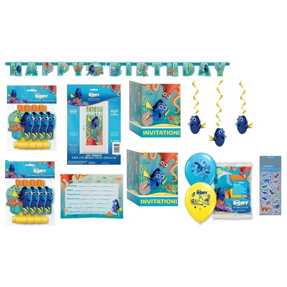 Finding Nemo Dory Birthday Party Supplies Bundle includes 3 Hanging Decorations, 1 Door Poster, 1 Happy Birthday Banner, 16 Invitations, 16 Blowouts, 6 Balloons (Napkins are not included)