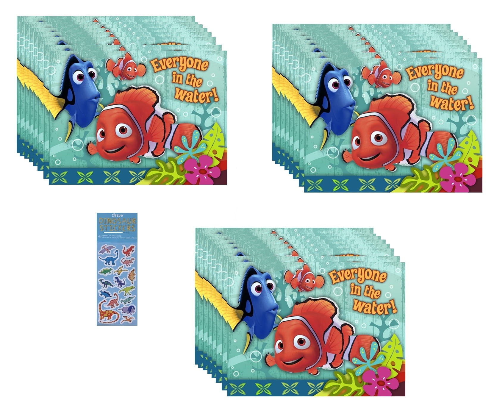Finding Nemo Dory Birthday Party Supplies Bundle includes 24 Party Invitations with Envelopes and 1 Dinosaur Sticker Sheet