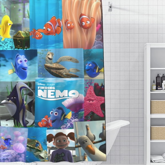 Finding Nemo shower curtain features a unique pattern, is fully waterproof, and installs in minutes, transforming your bathroom oasis. Measures 59" x 71" (150 x 180 cm).