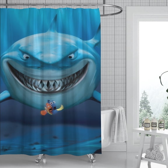 Finding Nemo shower curtain highlights a memorable design, is waterproof, and installs effortlessly, creating an inviting atmosphere for your bathroom. Measures 59" x 71" (150 x 180 cm).