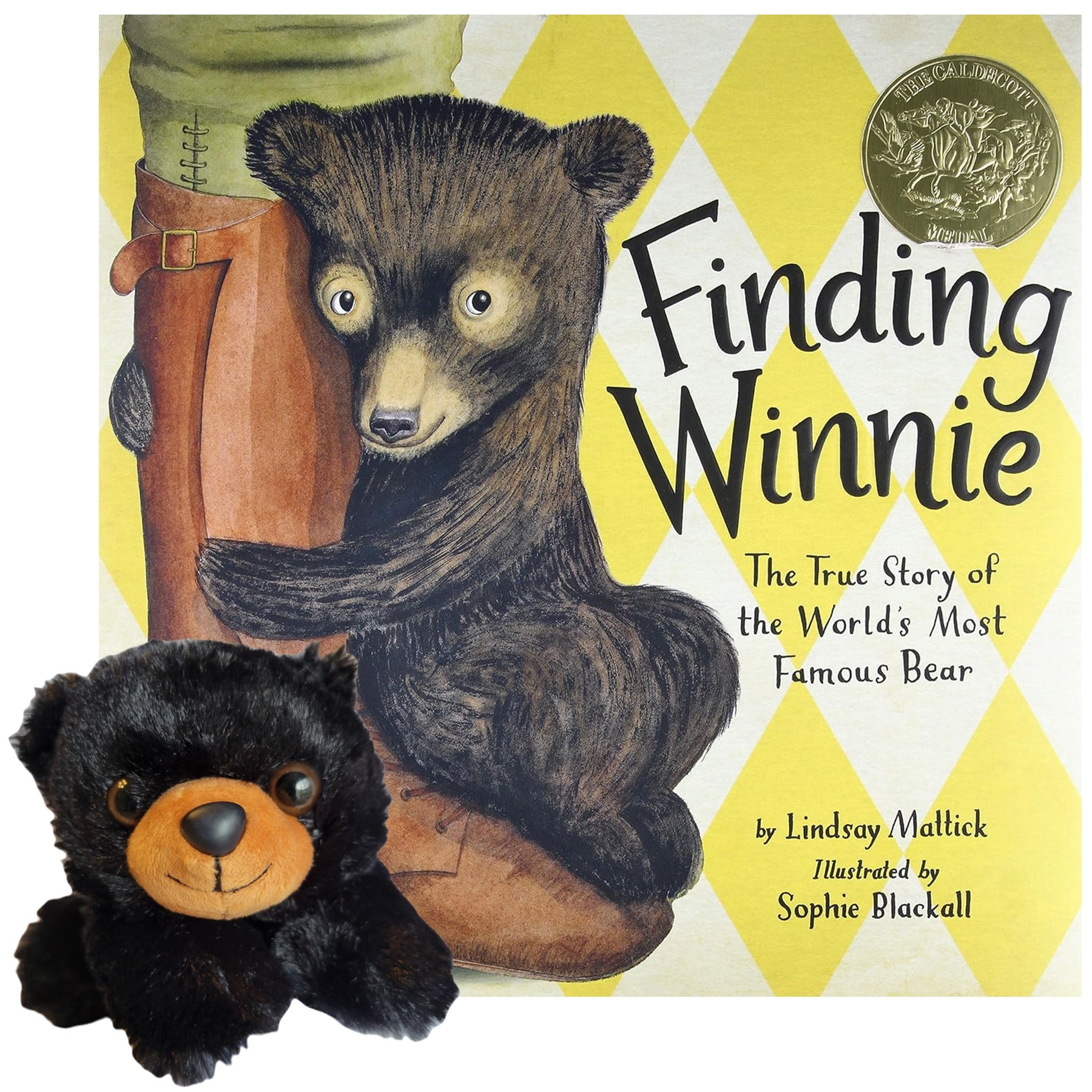 Finding Winnie Gift Set with Hardcover by Lindsay Mattick, Sophie Blackall and Black Bear Stuffed Animal Plush (True Story of The World's Most Famous Bear, Winnie The Pooh)