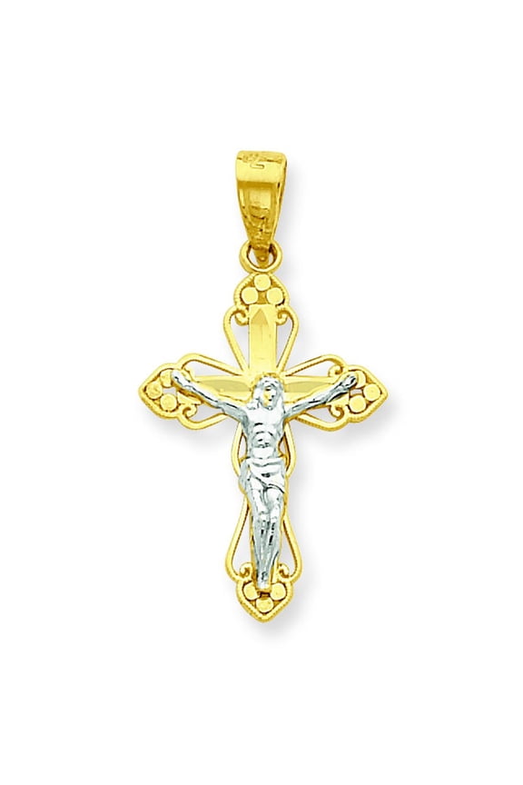 10K Yellow Gold & Rhodium Plated Filigree Cross Crucifix Pendant Charm Jewelry