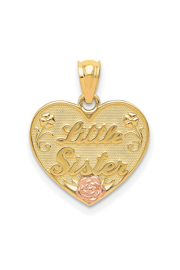 14K Yellow Gold Two Tone Little Sister Heart Pendant Charm Jewelry