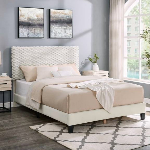 [Luckynote]Findlay Plush 3D Upholstered Platform Bed in White Dove