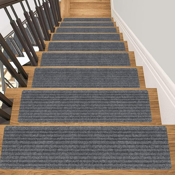 Findosom 15pcs 30''X8'' Non-Slip Stair Treads Indoor Carpet Stair Runners Set Self Adhesive Stair Grips Edging Stair Rugs Safety Mats for Dogs, Kids & Elders Gray Stripe