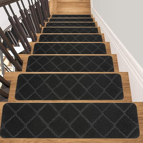 Findosom 15pcs 30''X8'' Non-Slip Stair Treads Indoor Carpet Stair Runners Set Self Adhesive Stair Grips Edging Stair Rugs Safety Mats for Dogs, Kids & Elders Black Diamond