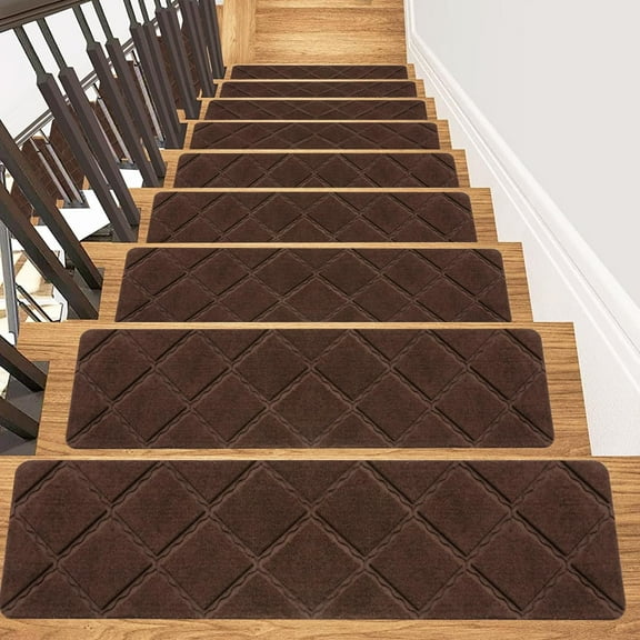 Findosom 15pcs 30''X8'' Non-Slip Stair Treads Indoor Carpet Stair Runners Set Self Adhesive Stair Grips Edging Stair Rugs Safety Mats for Dogs, Kids & Elders Coffee Diamond