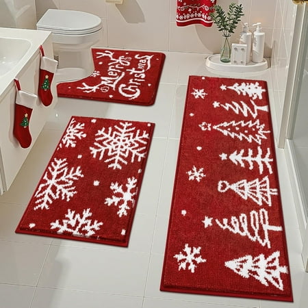 Findosom 3pcs Bathroom Rugs Set,Christmas Tree Non Slip Bath Rugs with U Shape Toilet Rug,Soft Absorbent Machine Washable Bath Mats Set for Tub, Shower 18"x26"+18"x48"+U Shape 20"x24"