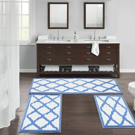 Findosom 18"x26"+20"x32"+20"x48" 3pcs Bathroom Rug Sets Non Slip, Quick Drying, Ultra Soft and Water Absorbent Bath Rug Washable Bath Mat Set for Tub, Shower, and Bathroom Blue