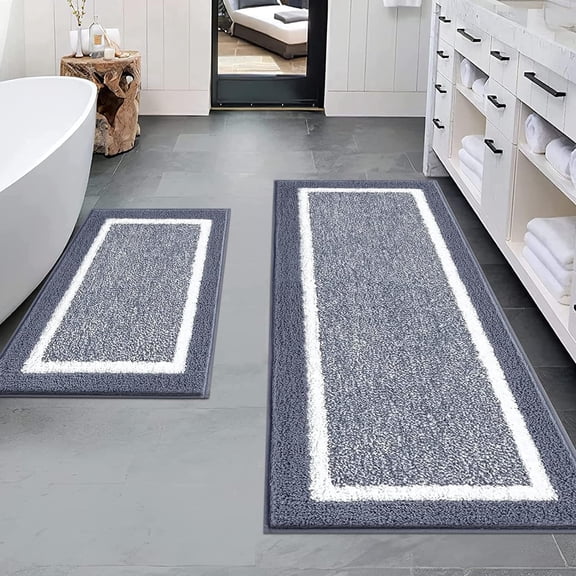 Findosom 2 Pcs Bathroom Rug Set with U Shaped Toilet Rug Blue Non Slip Absorbent Bath Mat,Soft Washable Bathroom Mats for Bathtub Shower Bathroom,18"x26"+18"x48" Dark Gray