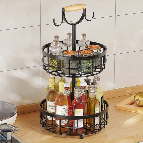 Findosom 2-Tier Rotating Spice Rack for Cabinet Pantry, Fruit Basket with Wooden Handle and 2 Banana Hangers, Metal Fruit Bowl Spice Organizer for Kitchen Countertop Dining Table Coffee Bar Black