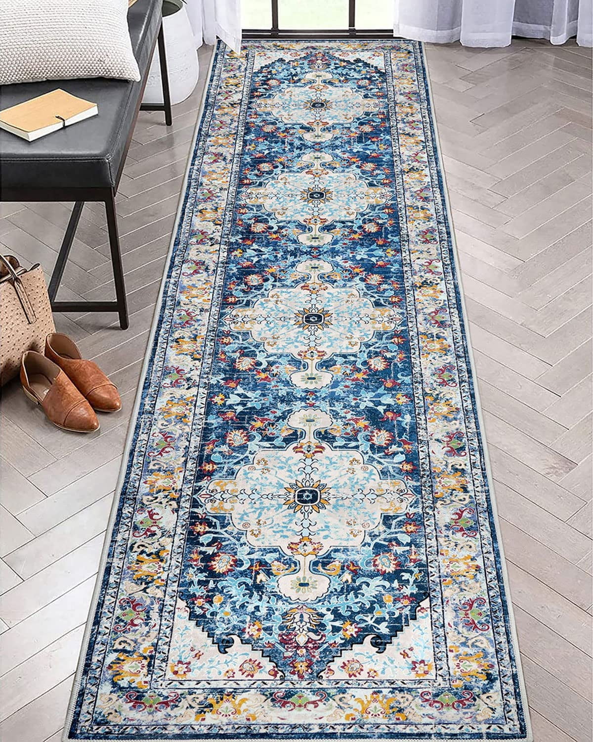 Findosom Vintage Boho 2'x10.2' Runner Rug, NonSlip, Washable, Soft