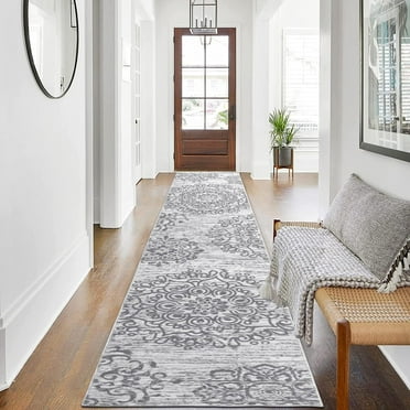 Findosom 2'x10' Vintage Boho Runner Rug Non Slip Washable Runner Rug Distressed Medallion Area Rug Farmhouse Hallway Runner Entrance Mat Carpet for Entrance Laundry Room Kitchen Floor Gray