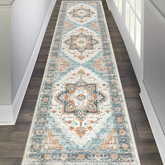 Findosom 2'x10' Vintage Boho Runner Rug Non Slip Washable Runner Rug Distressed Medallion Area Rug Farmhouse Hallway Runner Entrance Mat Carpet for Entrance Laundry Room Kitchen Floor Blue