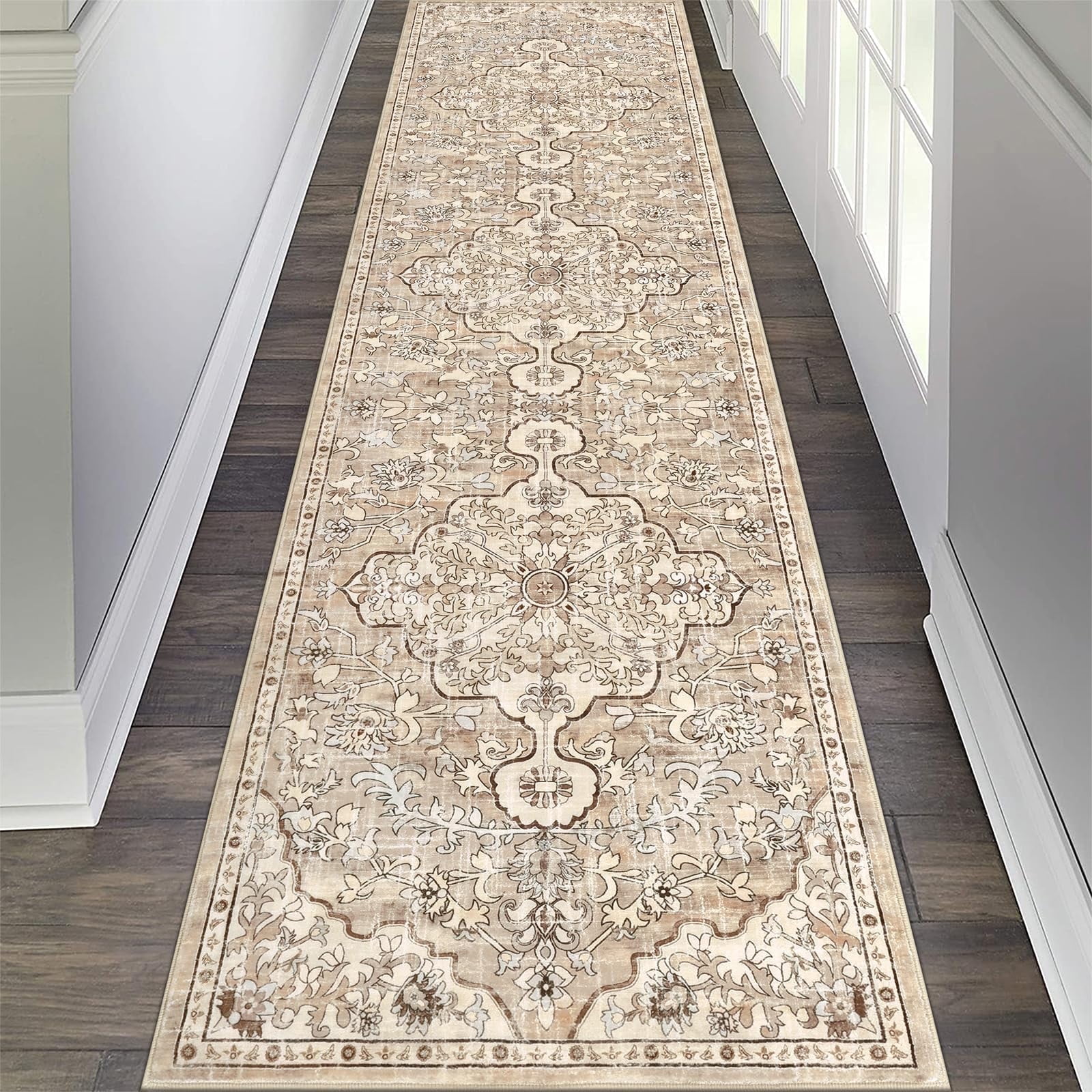Findosom 2'x10' Vintage Runner Rug 0.4" Distressed Hallway Rug Non Slip Laundry Runner Rug Decor Rug Washable Runner Rug Kitchen Floor Mat Entryway Rug Runner for Laundry Kitchen Entryway,Beige