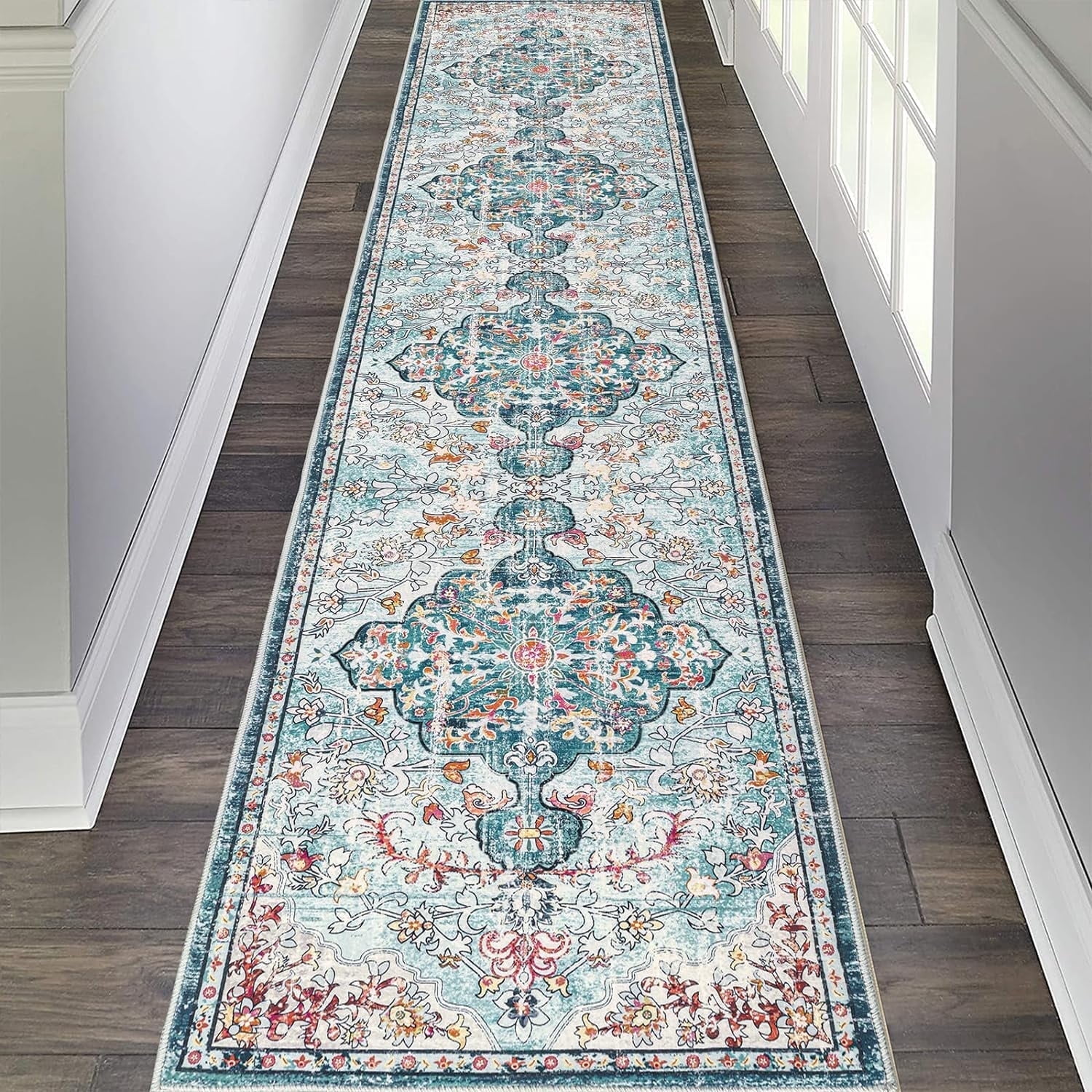 Findosom 2'x10' Vintage Runner Rug 0.4" Distressed Hallway Rug Non Slip Laundry Runner Rug Decor Rug Washable Runner Rug Kitchen Floor Mat Entryway Rug Runner for Laundry Kitchen Entryway, Blue