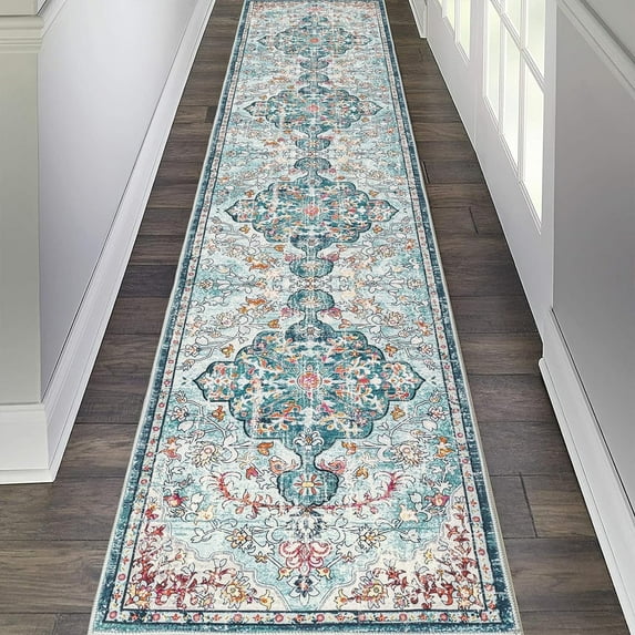 Findosom 2'x10' Vintage Runner Rug 0.4" Distressed Hallway Rug Non Slip Laundry Runner Rug Decor Rug Washable Runner Rug Kitchen Floor Mat Entryway Rug Runner for Laundry Kitchen Entryway, Blue