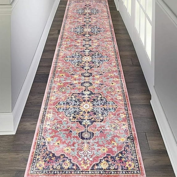 Findosom 2'x10' Vintage Runner Rug 0.4" Distressed Hallway Rug Non Slip Laundry Runner Rug Decor Rug Washable Runner Rug Kitchen Floor Mat Entryway Rug Runner for Laundry Kitchen Entryway, Pink