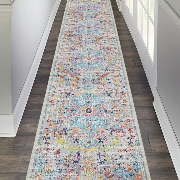 Findosom 2'x10' Vintage Runner Rug 0.4" Distressed Hallway Rug Non Slip Laundry Runner Rug Washable Runner Rug Kitchen Floor Mat Entryway Rug Runner for Laundry Kitchen Entryway, Multi-color