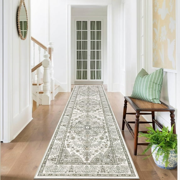 Findosom 2'x8' Vintage Boho Runner Rug Washable Non-slip Area Rug,Hallway Indoor Farmhouse Bedroom Kitchen Living Room Non Shedding Runner, Contemporary Low Plie Floor Carpet Doormat,Taupe