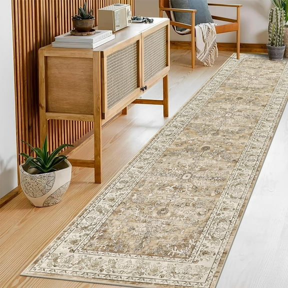 Findosom 2'x8' Vintage Boho Runner Rug Washable Non-slip Area Rug,Hallway Indoor Farmhouse Bedroom Kitchen Living Room Non Shedding Runner, Contemporary Low Plie Floor Carpet Doormat,Cream