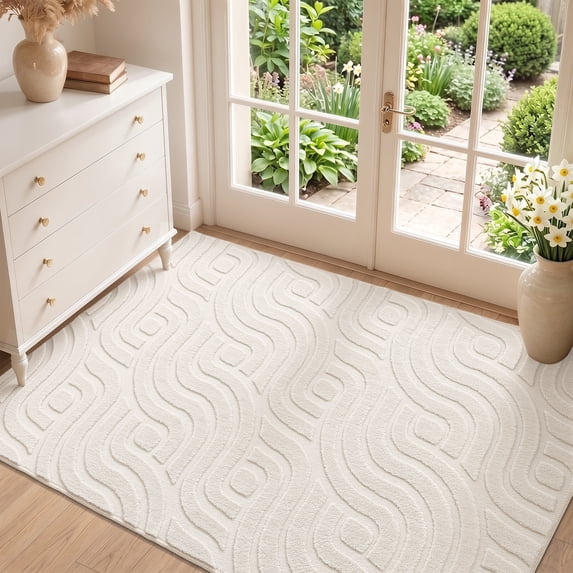 Findosom 3'x5' Area Rug for Living Room,Machine Washable Non-Slip Area Rug,Jacquard Ultra Soft Non Shed Cream Modern Wavy Carpet Indoor Rugs for Bedroom Dining Room Home Office Entryway Decor
