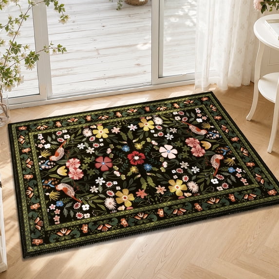 Findosom 2'x3' Washable Runner Rug for Hallway,Non Slip Floral Laundry Runner Rugs,Low Pile Faux Wool Floor Mat Stain Resistant Carpet Runner Rug for Bedroom Kitchen Living Room Entrance,Black