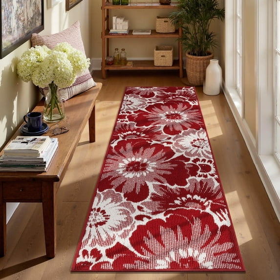 Findosom Runner Rug for Hallway 2x6 ft,Non-slip Machine Washable Runners Flower Floor Mats Low Pile Carpet Rug Runner with Rubber Backing for Entryway Doormat Bathroom Kitchen Laundry Room,Red