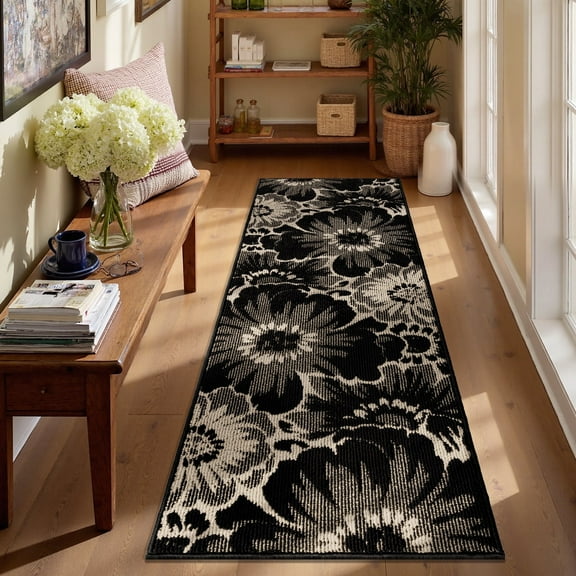 Findosom Runner Rug for Hallway 2x6 ft,Non-slip Machine Washable Runners Flower Floor Mats Low Pile Carpet Rug Runner with Rubber Backing for Entryway Doormat Bathroom Kitchen Laundry Room,Black