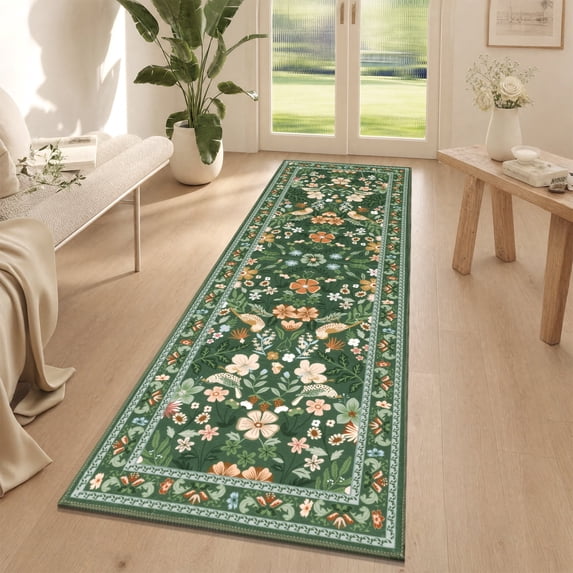 Findosom 2'x6' Washable Runner Rug for Hallway,Non Slip Floral Laundry Runner Rugs,Low Pile Faux Wool Floor Mat Stain Resistant Carpet Runner Rug for Bedroom Kitchen Living Room Entrance,Green