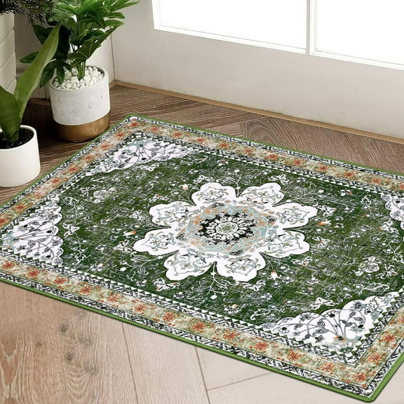 Findosom 2'x3' Boho Runner Rug Kitchen Runner Rug Entryway Area Rug, Washable Non-Shedding Washable Fluffy Runner Rugs, Non Slip Floor Mat for Hallway Bedroom Foyer Living Room Sofa Porch Green