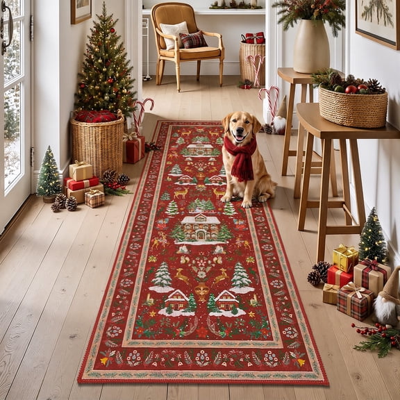Findosom 2'x6' Christmas Runner Rug for Hallway, Machine Washable Reindeer Print Floor Carpet,Non-Slip Soft Stain Resistant Bedside Area Rug for Entryway Dining Room Home Decor Rugs,Red