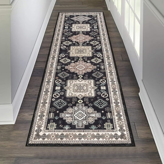 Findosom 2'x6' Vintage Boho Kitchen Rug Runner for Hallways Machine Washable Non Slip Hallway Runner Rugs 0.6 inch Thickness Medallion Floor Runner Rugs for Entryway Bedroom Laundry Room Black