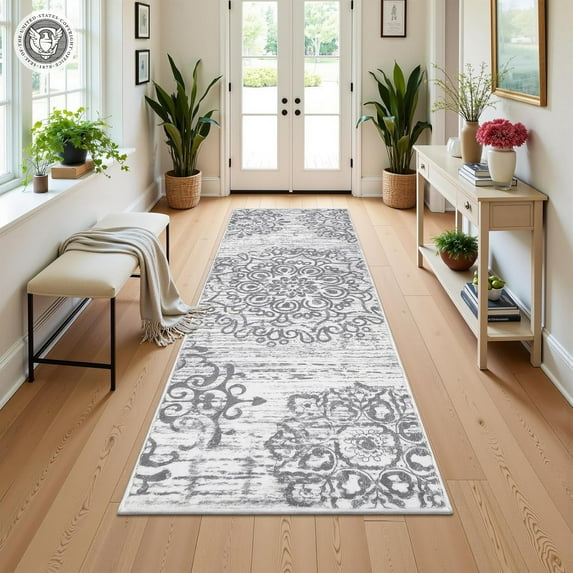 Findosom 2'x6' Vintage Boho Kitchen Rug Runner for Hallways Machine Washable Non Slip Hallway Runner Rugs 0.6 inch Thickness Medallion Floor Runner Rugs for Entryway Bedroom Laundry Room Gray