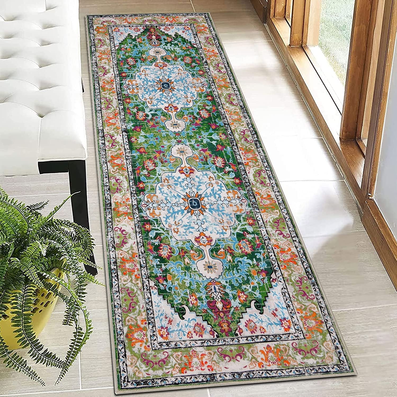 Green runner rug, Turkish vintage handmade rug, Hallway rug, Bohemian rug, Boho home decor, Floral 2024 rug, Entryway rug, 3.7 x 9.7 Ft Cod6365